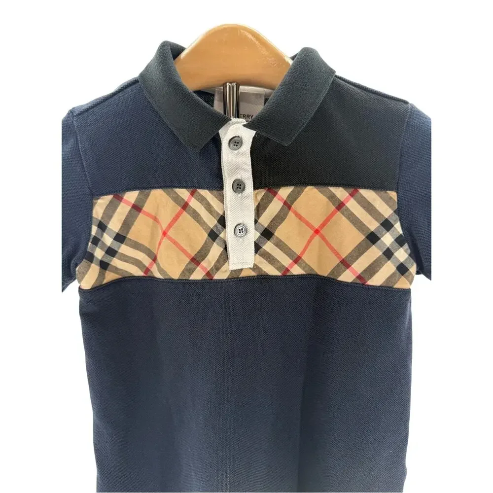 Burberry Boys Jeff Navy Blue Nova Check Color Block Polo Shirt Size 4 Youth